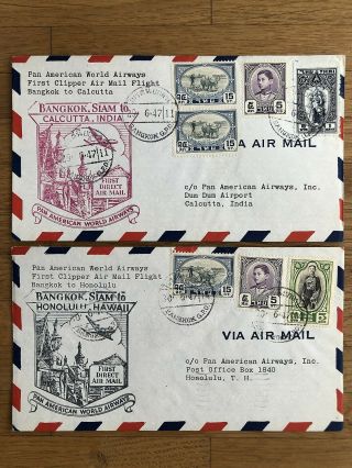 2 X Thailand Siam Old Cover Fdc First Air Mail Flight Bangkok To India 1947