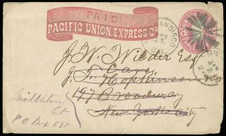 Pacific Union Express Frank 3¢ U58 Entire San Francisco To York Forw To Ct