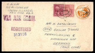 Us Ny To Germany British Zone Prexie Uprated Registered Airmail Stationery Cover