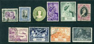 1940/49 Johore,  Malaya Selection 9 Stamps Silver Wedding Etc,  Ps Cut Out