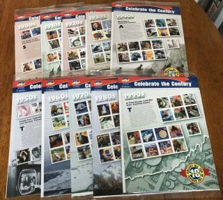 Celebrate The Century 1900 - 1990 Complete 10 Sheet Set 150 Us Stamps 3182 - 3191.