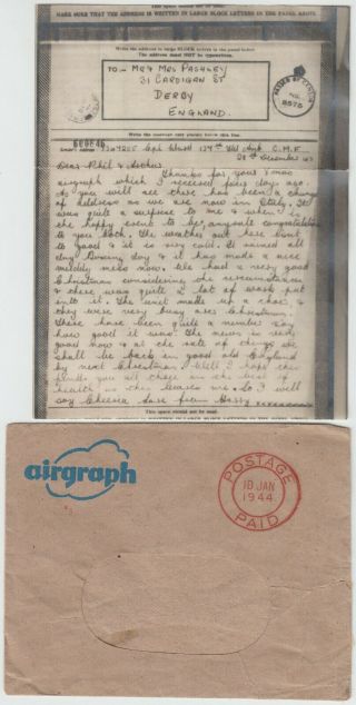 Airgraph 1943 Central Mediterranean Forces - Derby Via Field Post Office (italy)
