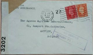 Great Britain 1940 Service Suspended Cover To Belgium With Pc 66 Censor Label