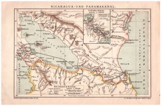 Nicaragua - Und Panamakanal / Panama Canal Map Fa Brockhaus Geographer - Leipzig