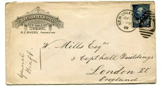 U.  S.  A.  1888 5cents On Cover St.  Charles Hotel,  Orleans (duplex Cancel) To Uk