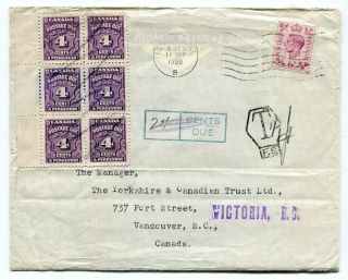 Uk Gb - London 1950 George Vi Airmail Cover To Bc Canada - Rate Postage Due 24c