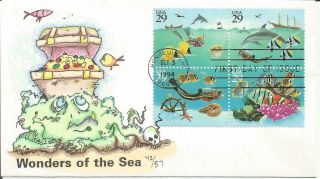 2866a Wonders Of The Sea Block Of 4 Fdc - Steve Wilson Hand Painted Cachet