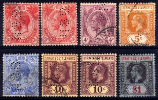 Malaya Perfins: Hsb Hong Kong & Shanghai Bank Kg5 Selection,  8 Stamps