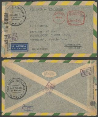 Brazil Wwii 1945 - Air Mail Cover Sao Paulo To Bournemouth England - Censor D55