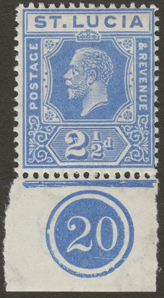 St Lucia 1921 Kgv 2½d Bright Blue Plate No 20 Marginal Sg96