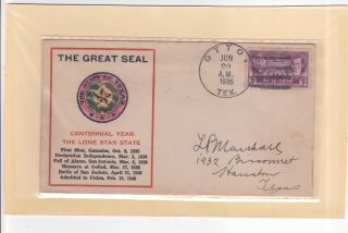 776 Otto Texas Centennial 6/29/1936 " Great Seal " Falls County To Houston
