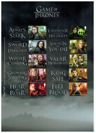 Game Of Thrones Smilers Sheet 10 First Class Stamps Royal Mail