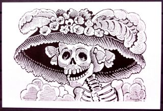 Mexico Postcard Guadalupe Posada Lady Death Skull Katrina Hat Painting Fate Art