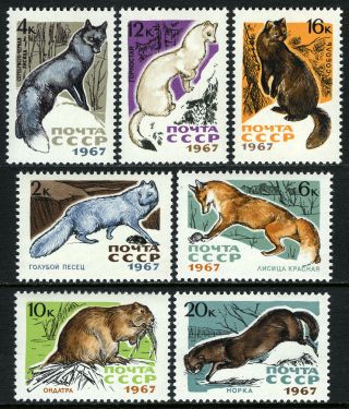 Russia 3371 - 3377,  Mnh.  Fur - Bearing Animals: Fox,  Muskrat,  Ermine,  Sable,  Mink,  1967