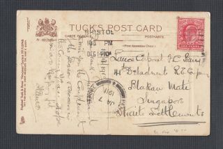 Uk 1911 Postcard Bristol To Straits Settlements Via Singapore Penang Marine Tpo