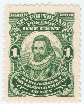 Newfoundland 87 (1) 1910 1 Cent Green Perf 12 X 11 King James I Mh Cv$3.  00