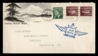 Dr Who 1951 Canada Victoria Bc To Usa Air Mail Pair Slogan Cancel C127098