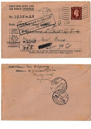 1941 Royal Tank Regiment Addressee Reported Prisoner Of War Cachet