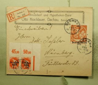 Dr Who 1922 Germany Ovpt Dachau Registered To Nurnberg Plate Pair E56324