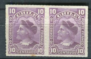 Chile; 1900s Early Columbus Rouletted Issue Fine Hinged 10c.  Pair