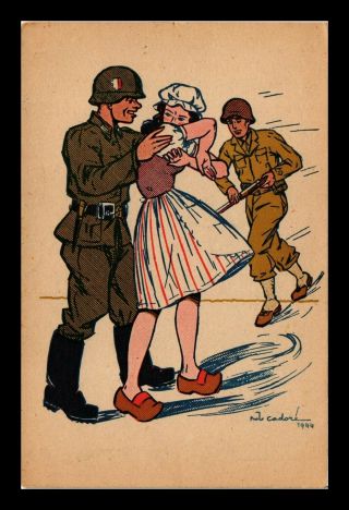 Dr Jim Stamps World War Ii Art Soldiers Woman France Continental Size Postcard