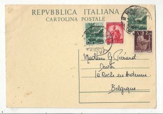 Italy 1948 Postal Card Cover Uprate To Belgium,  25 Lire Total