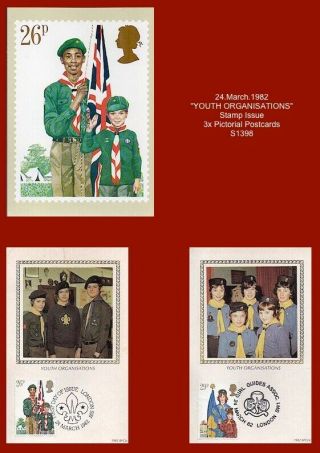 " Youth Organisations " 1982 Postcards X3 (brownies,  Girl Guides,  Cubs,  Scouts)