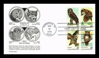 Dr Jim Stamps Us American Owls Aristocrat First Day Cover Block Of Four