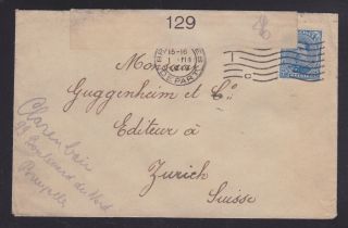 Belgium 1919 Wwi Military Censored Cover Brussels To Zurich Switzerland