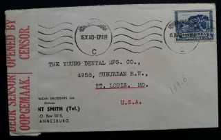 Scarce 1940 South Africa Censor Cover Ties 3d Stamp Canc Johannesburg
