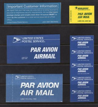 Lot 9 Usps 1990/1994/1997/2002/2007 Obsolete Etiquette Labels Air Mail Security