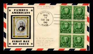 Us Cover Horace Mann Famous Americans Block Of 6 Fdc Scott 869 Pasted On Cachet