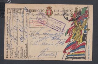 Italy 1918 Wwi Censored Military Postal Card To Venice