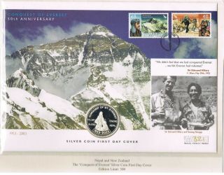 Nepal And Zealand Conquest Of Everest Silver Coin Fdc