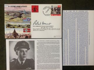 Raf Fdc - V - 1 Flying Bomb Attacks - Signed Ww2 Pilot Wing Cmdr.  Roland P Beamont