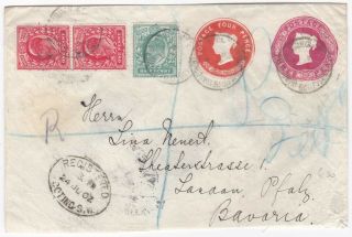 1902 Postal Staty Env 4d & 3d Dies Uprated 3 Stamps London Bavaria Registered