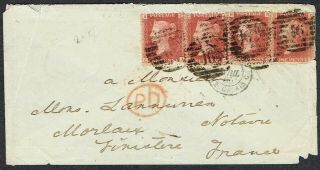 1865 Cover London - France 4x 1d Red Perf Plates Ca Ac Bb Cb 
