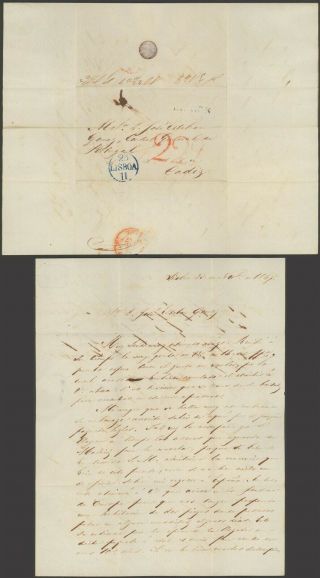 Portugal 1847 - Stampless Cover Lisbon To Cadiz Spain 32732/1