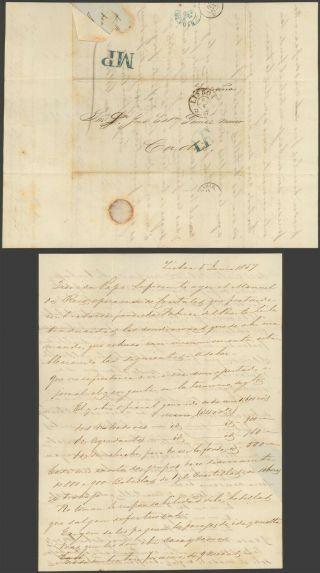 Portugal 1857 - Stampless Cover Lisbon To Cadiz Spain 32732/3