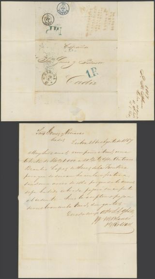 Portugal 1857 - Stampless Cover Lisbon To Cadiz Spain 32732/4