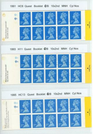 Gb 1991 - 95 Three Questa 2nd Class X 10 Cylinder Booklets Fv £18.  30