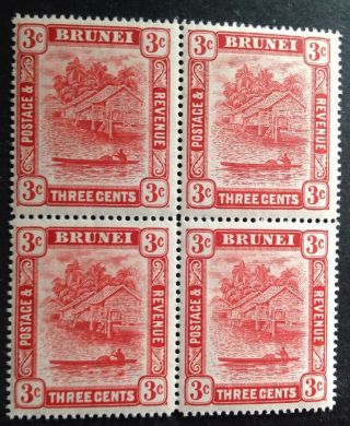 Brunei 1908 Block Of 4 3 Cent Scarlet Stamps Mnh