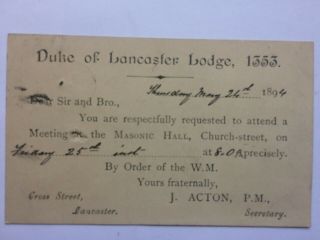 Gb 1894 Victoria Ppc `duke Of Lancaster Lodge 1353` Invite To A Mason`s Meeting