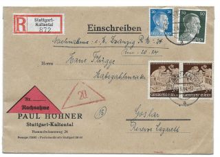 Germany Postal History 3rd Reich Rech Cover Addr Goslar Canc Stuttgart Yr 