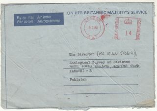 1980 Uk To Pakistan Aerogramme On Her Britannic Majestys Service With Meter Mark