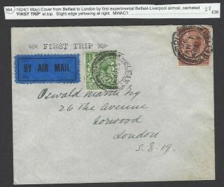 Ireland 1924 First Experimental Belfast – London Flight Cover With First Trip Hs