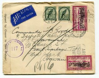 Dh - Zealand 1941 Airmail Censor Cover To Usa Navy At Pearl Harbor Hawaii