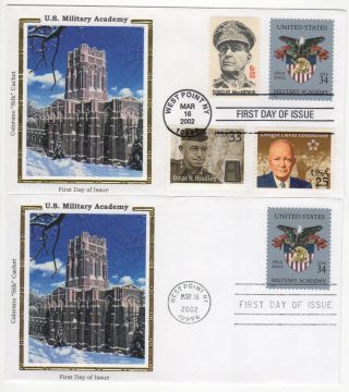 Sss: 2 Pcs Colorano Silk Fdc 2002 34c Us Military Academy Combo,  One Sc 3560
