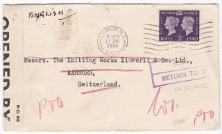 1940 3d Cover London To Knitting Switzerland No Service Return To Sender