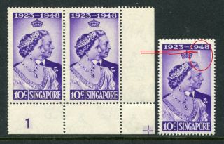 1948 Singapore Gb Kgvi Silver Wedding 10c 3 X Stamps M/m @ One With Flaw